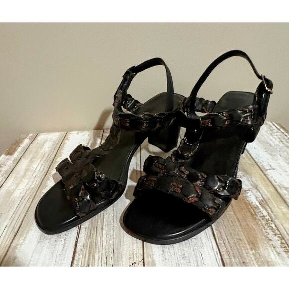 Cole Haan Black Brown Leather Block Heel Strappy Sandal Size 8.5B - Picture 6 of 8